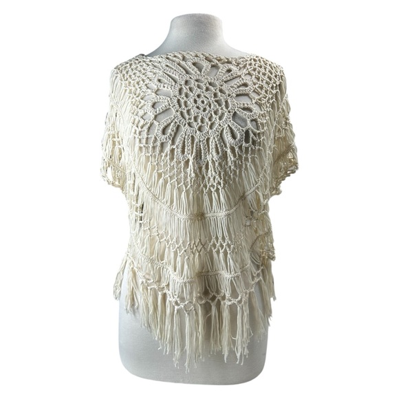 Forever 21 Other - Forever21 Crochet Top Beach Cover Up Cream Fringe Poncho Crochet Shirt Summer